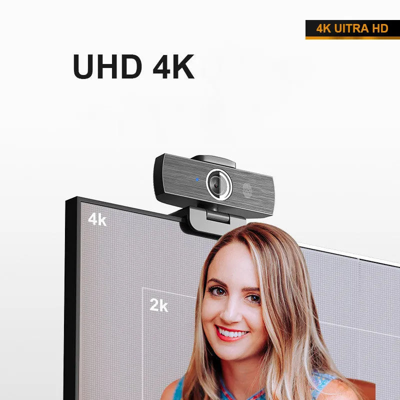 Black USB webcam with magnetic privacy cover showing 8MP 4K resolution for video conferencing
