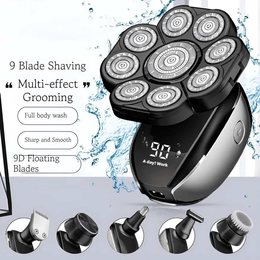 Black rechargeable 6-in-1 hair clippers and shaver kit with multiple attachments laid out