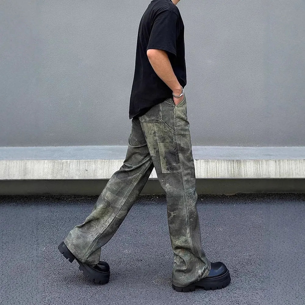 Men's straight-cut denim jeans with digital camouflage pattern in picture colour with mid-waist design
