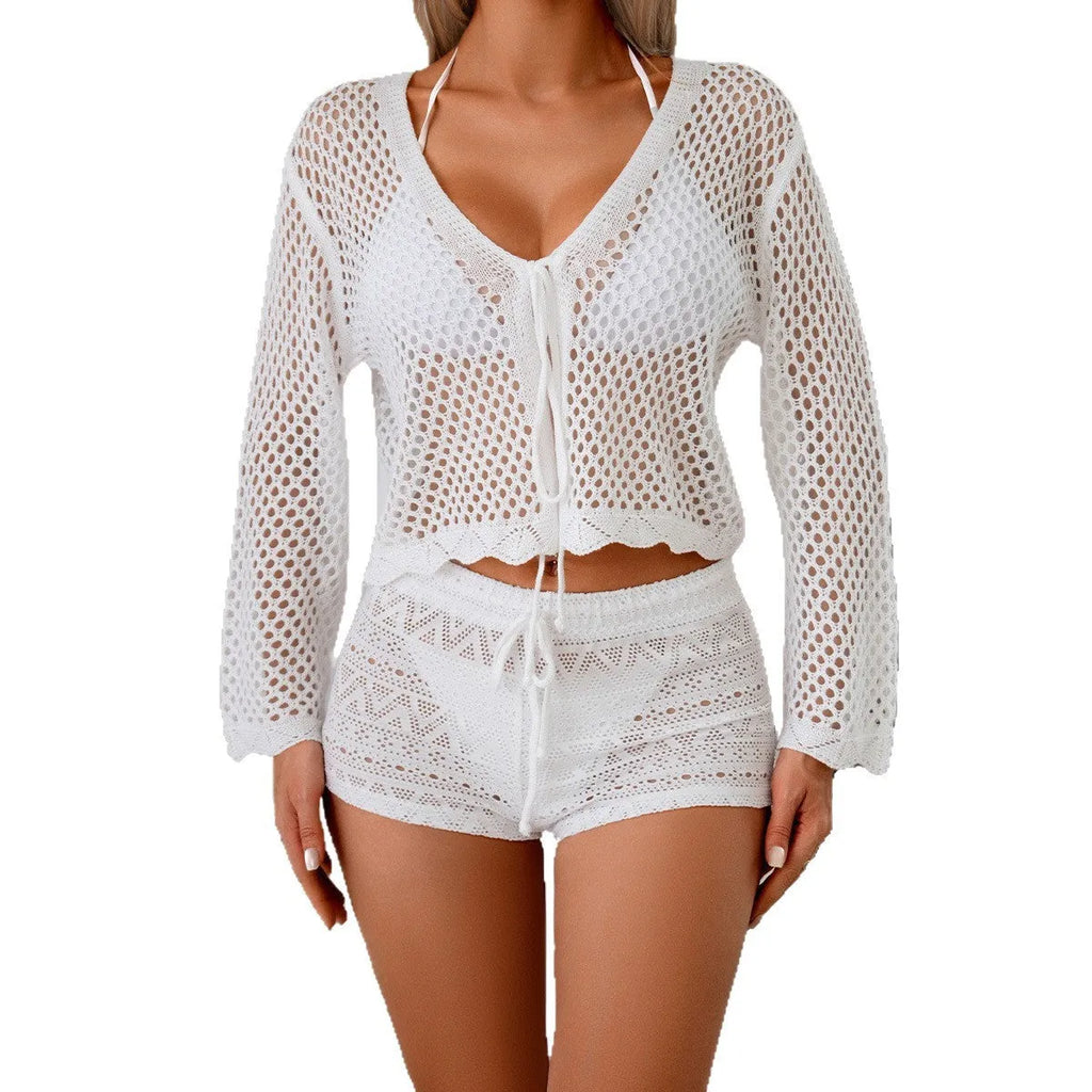 Short women's cardigan blouse with bell sleeves in apricot hollow woven fabric