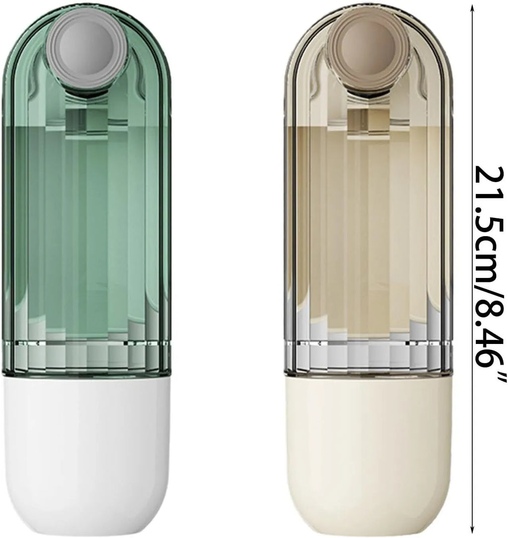 Beige and green foldable dog water bottle with food dispenser shown collapsed and open.