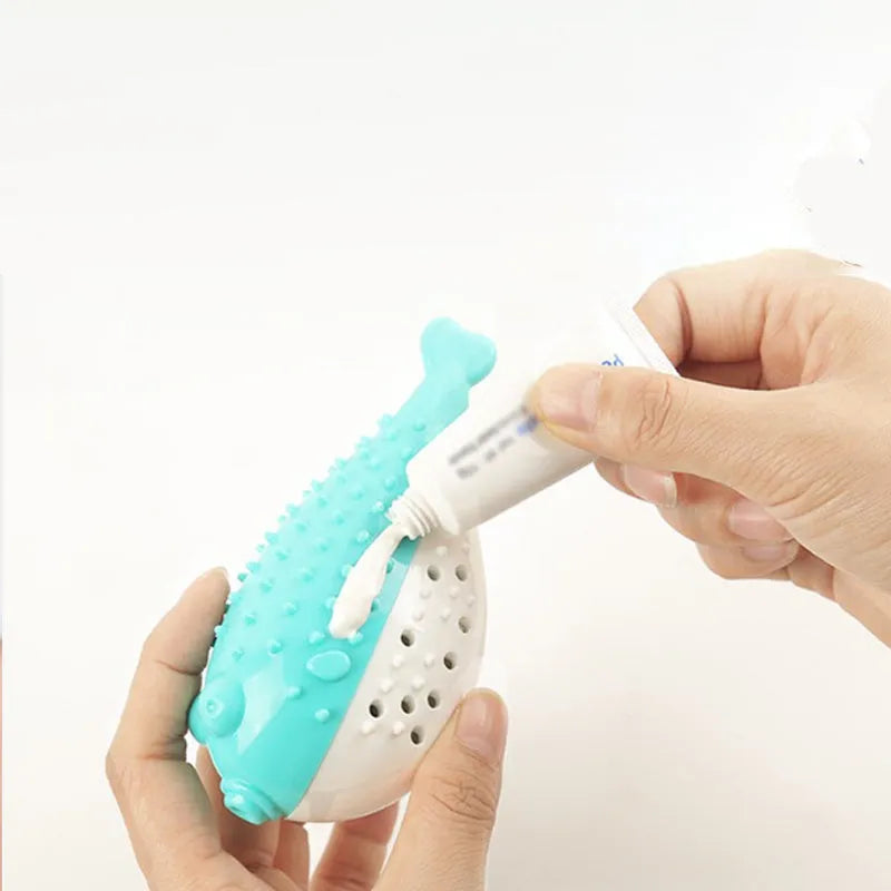 Blue silicone fish-shaped cat chew toy for pet chewing and playing activities