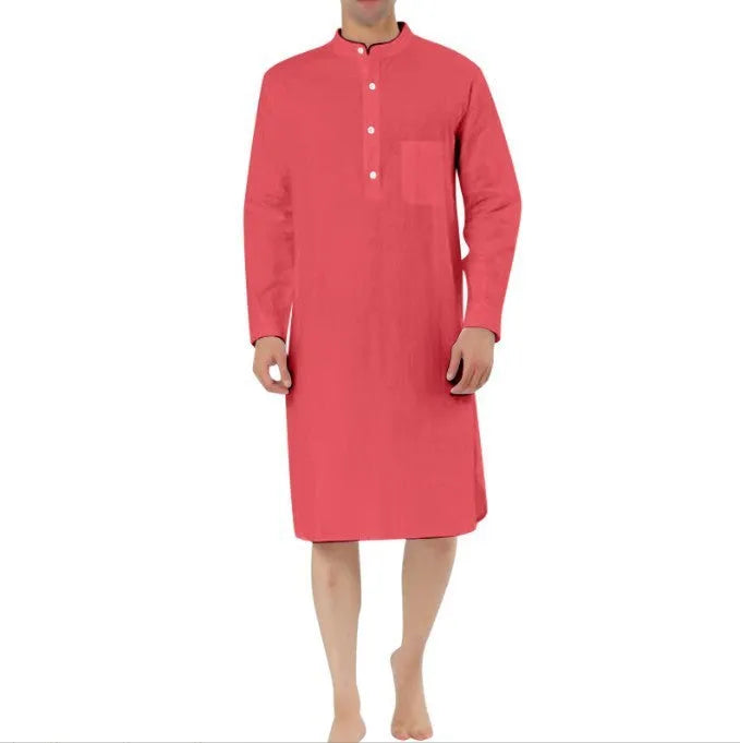 Men's button-front cotton shirt robe in light blue with side pockets on a hanger.