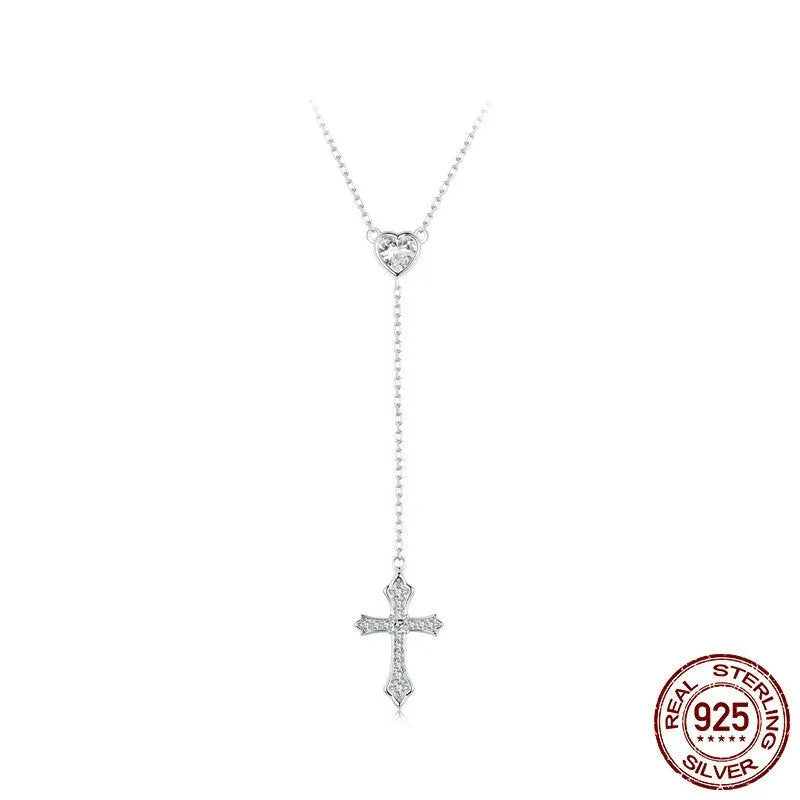 Simple V-neck love cross pendant necklace in 925 silver with O-ring chain, colour BSN384