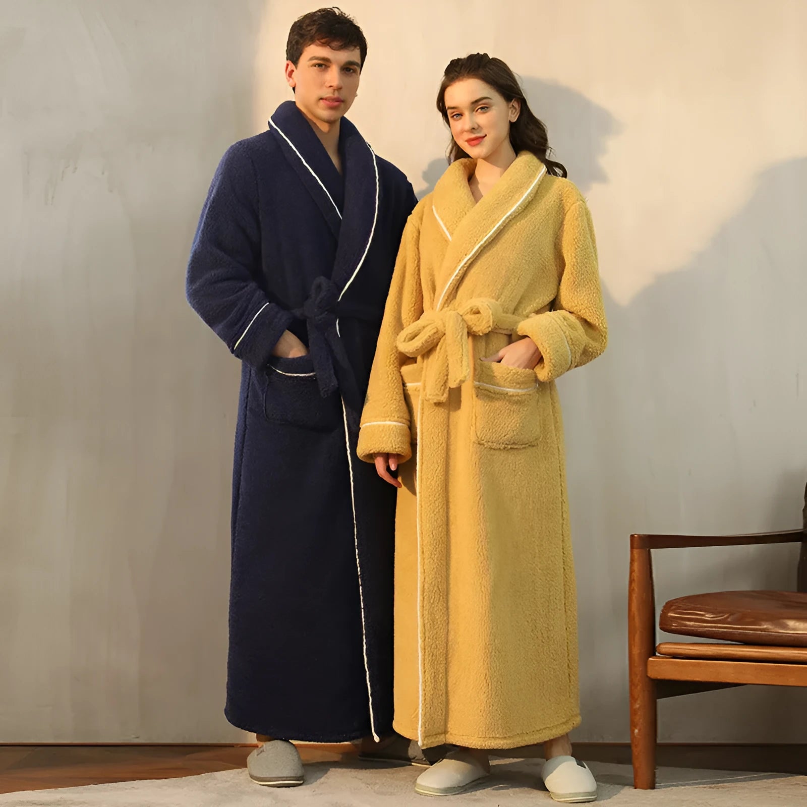 A super thick flannel couple's nightgown and bathrobe set for winter in multiple colour options.