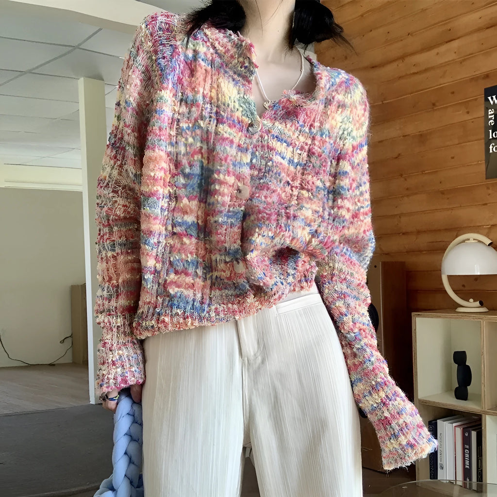 Retro rainbow pattern knitted cardigan sweater in pink and green ice cream colours