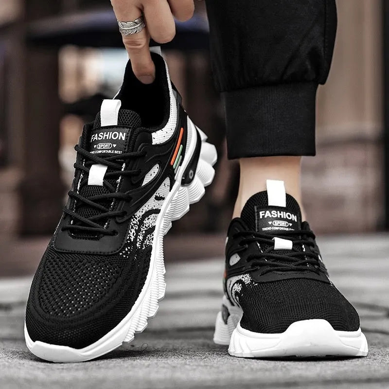 Men's white blue and black platform casual running shoes with mesh upper and cross shoulder straps.