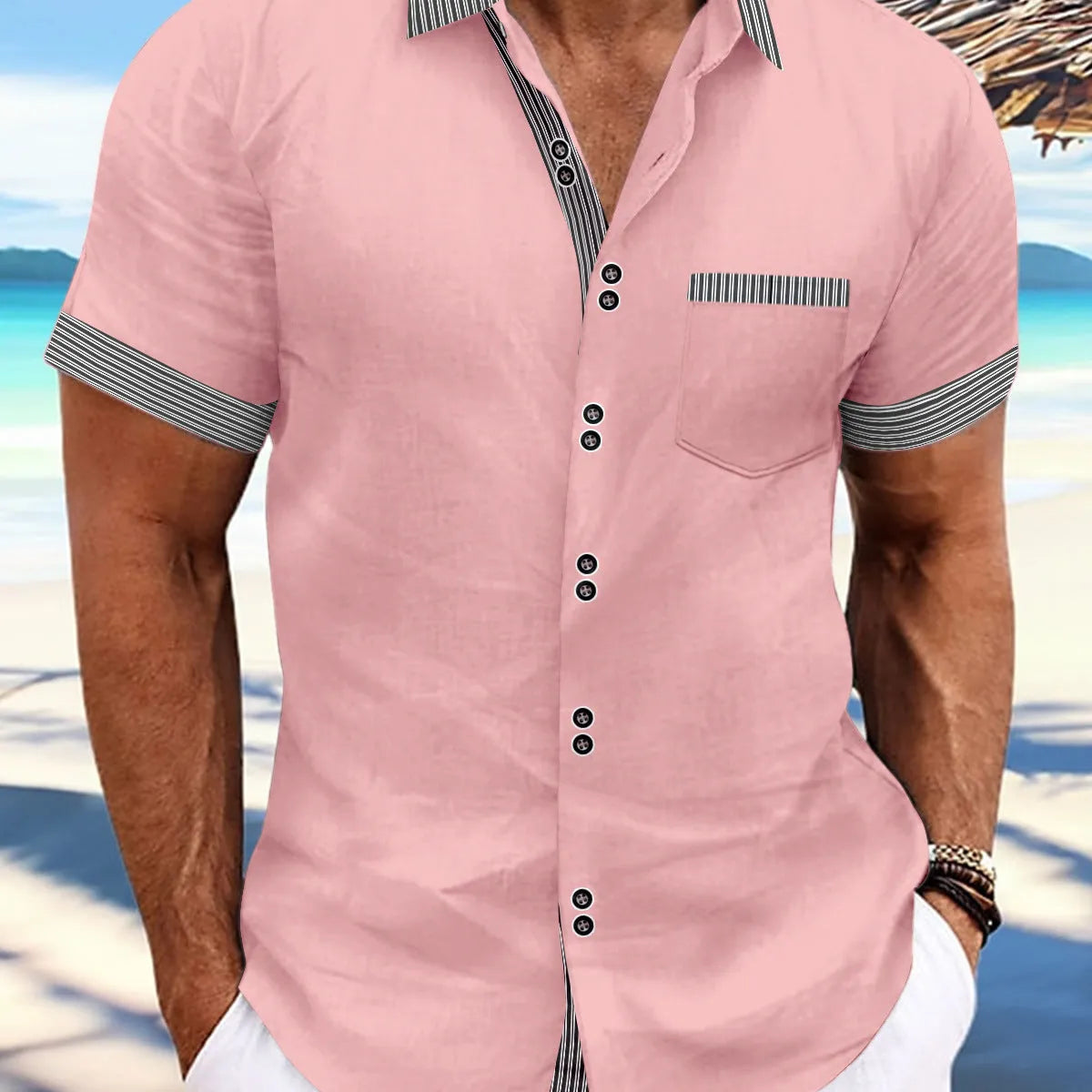 Men's striped double button short sleeve casual shirt in pure cotton, slim fit style