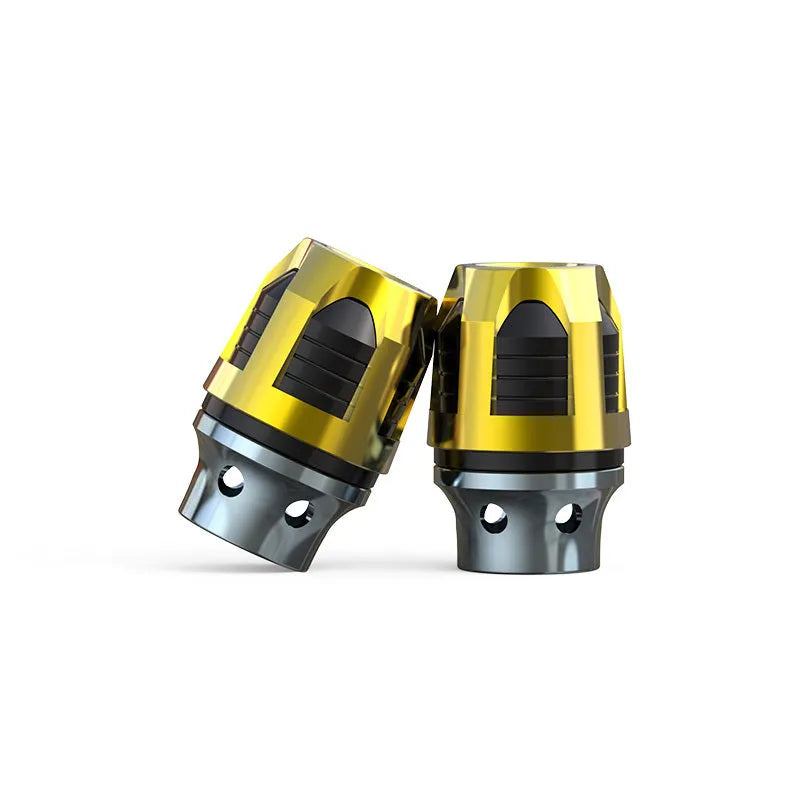 Pair of anodised aluminium fork cups for motorcycle or electric car front axle, shown in one of seven available colours.