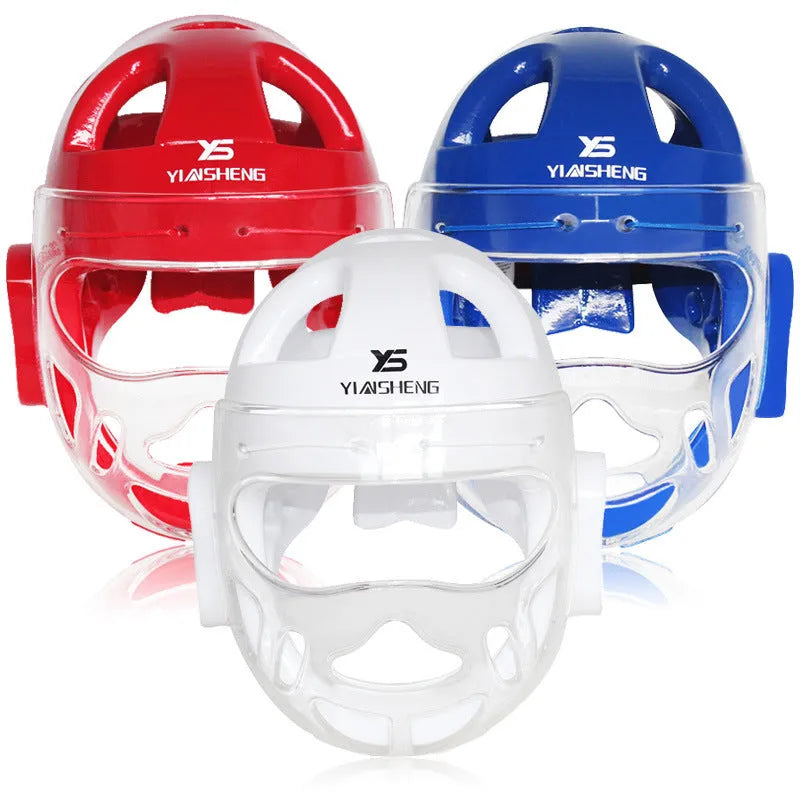 Karate helmet for boxing head protection in blue, red, or white colours available in multiple sizes