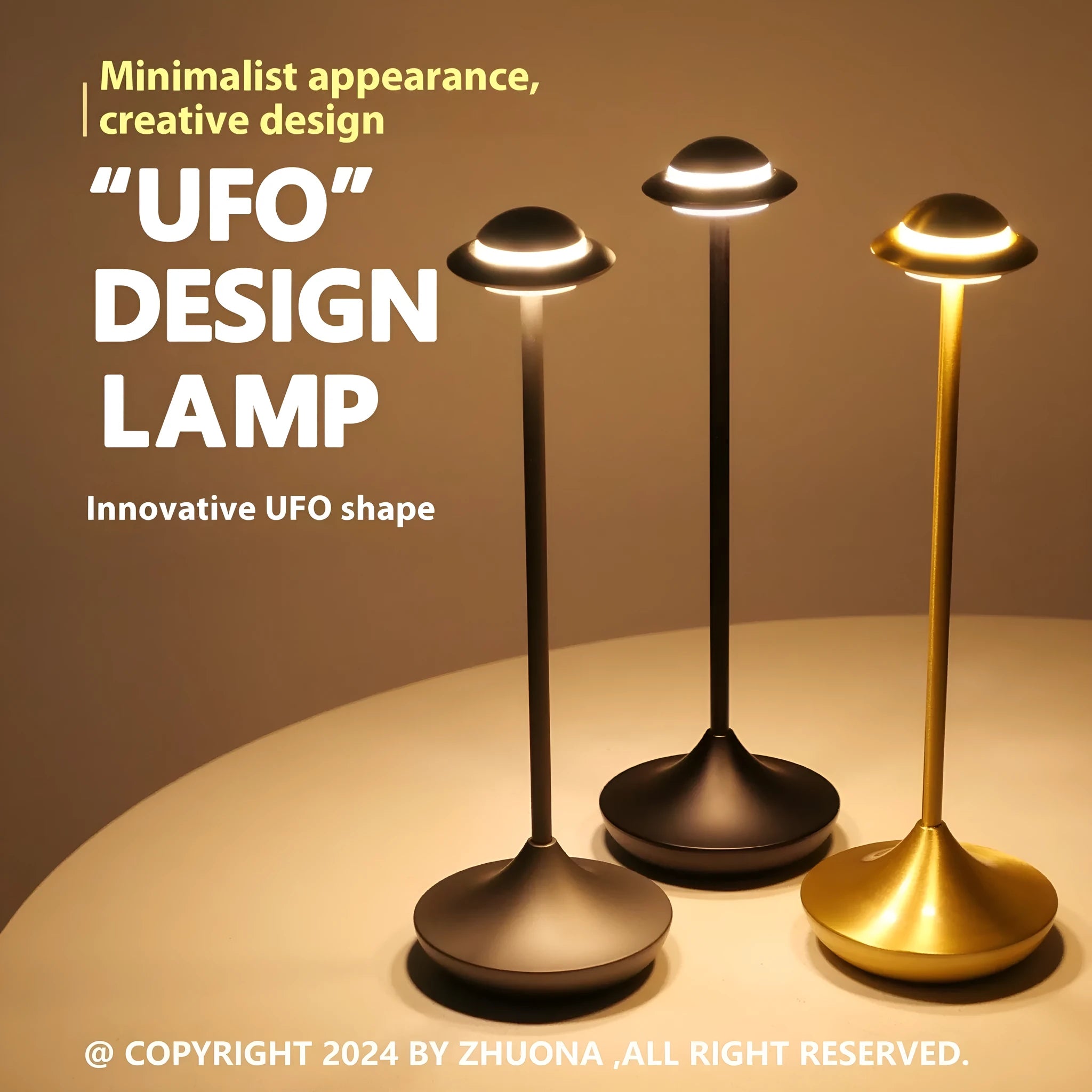 UFO table lamp in black, gold, or grey with touch dimming and rechargeable battery