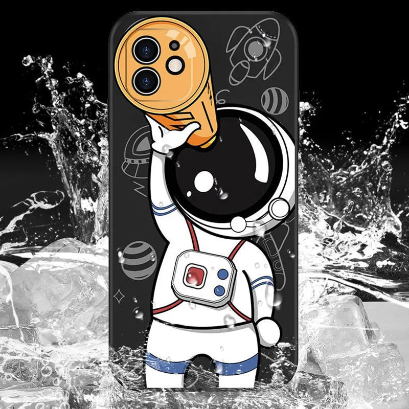 Cartoon astronaut design silicone phone case for iPhone on a starry space background.