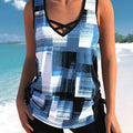 Women's printed split boxer swimsuit set with top and shorts in polyester fabric