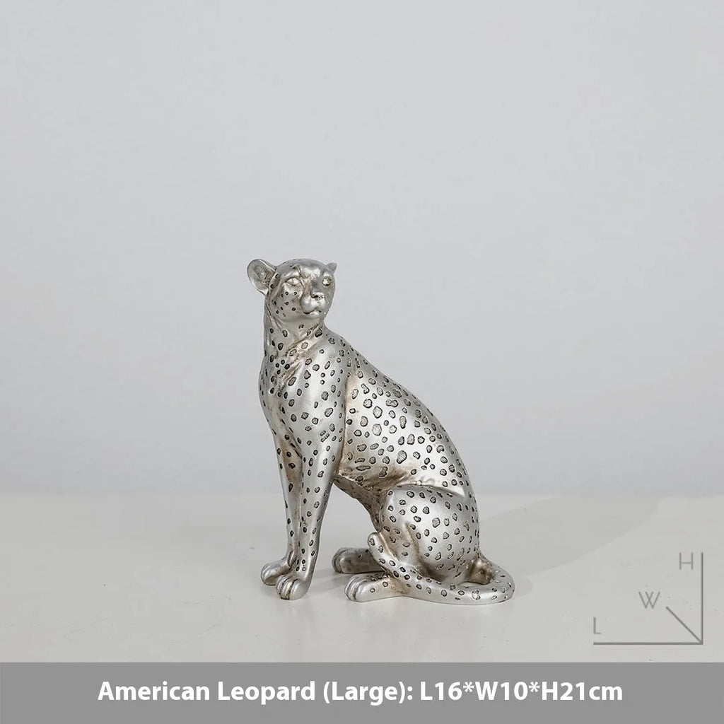 Modern leopard resin ornament sculpture in American Leopard colour on wooden shelf