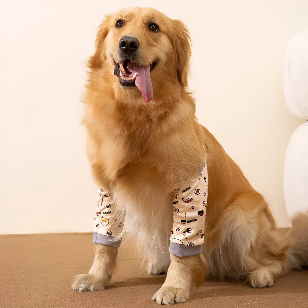 Adjustable dog elbow sleeve with plastic buckle and matching scarf in blue, grey, or yellow colours