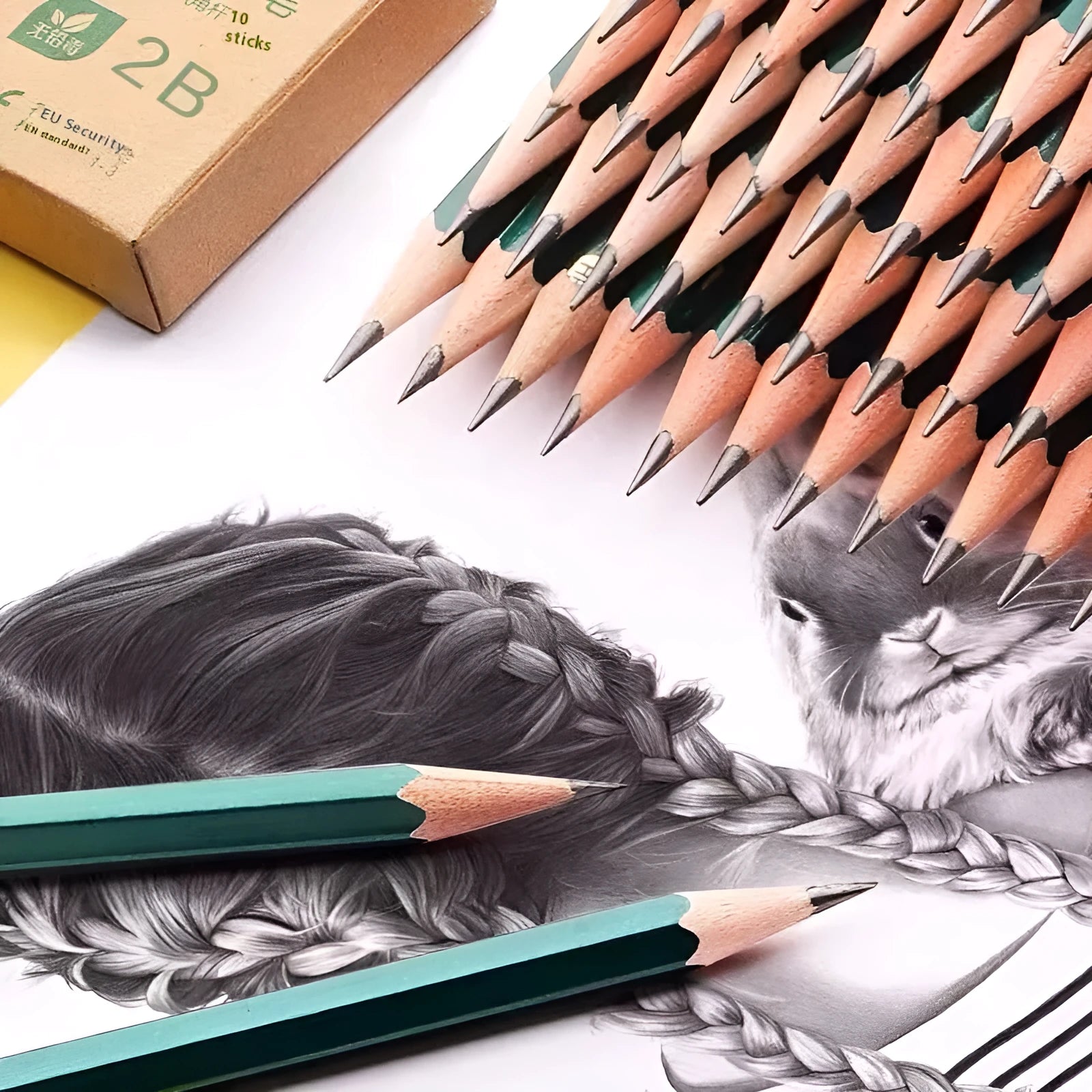 Green hexagonal wooden pencils showing HB and 2B markings with standard pencil length