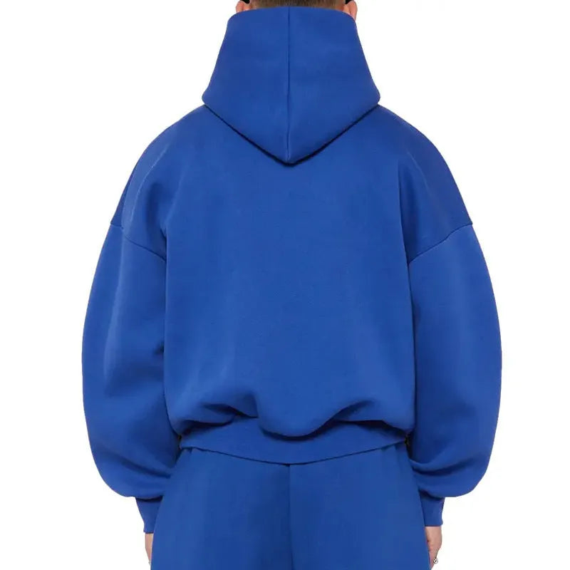 Men's grey fleece-lined cotton hoodie sweater with a wool lining and pullover design.