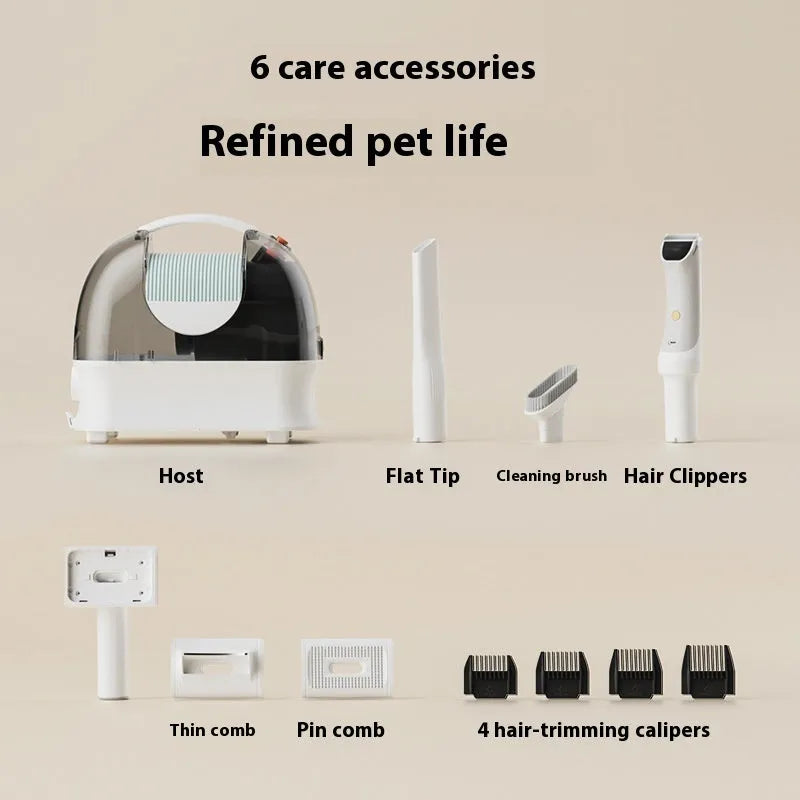 Pink and white multifunctional pet grooming vacuum cleaner with shears, hose, and dust cup.