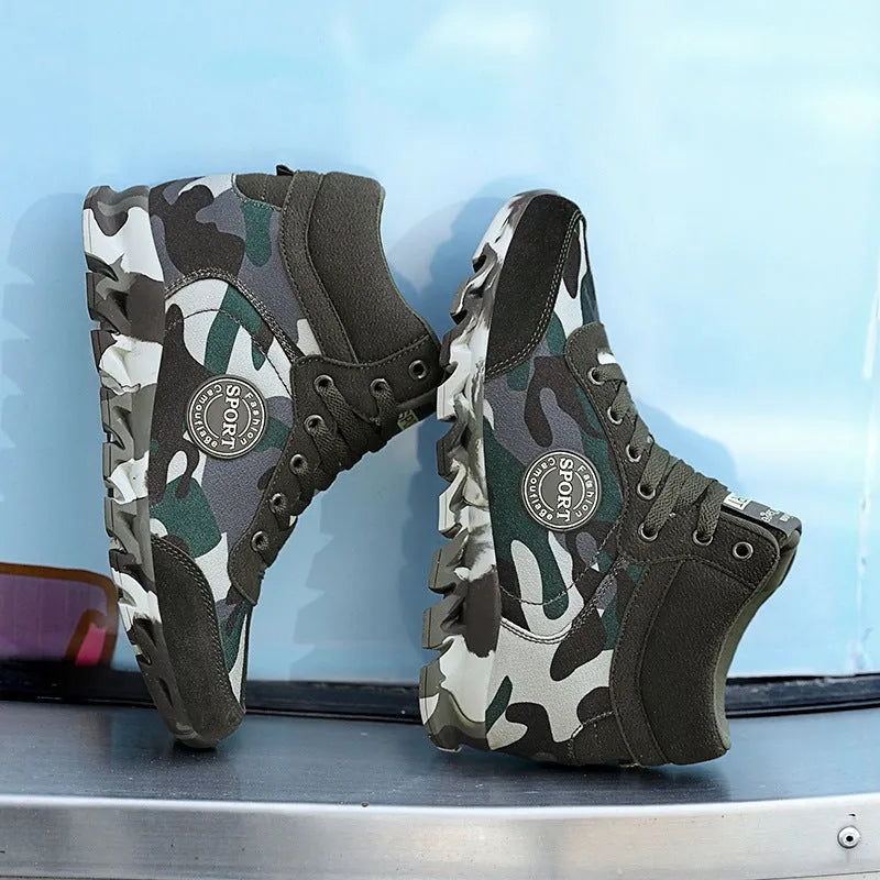 Women's green camouflage canvas sneakers with rubber sole on white background