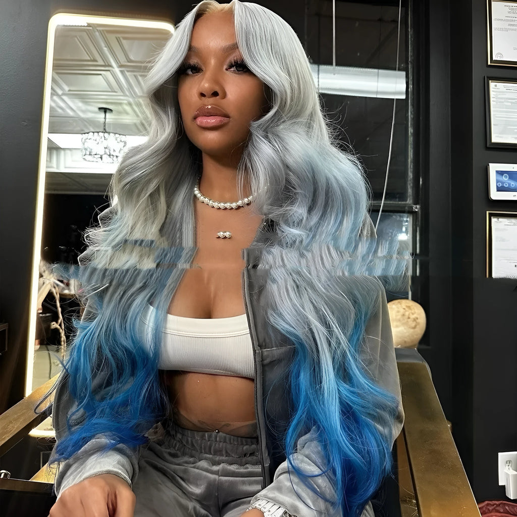 Grey blue gradient colour human hair wig with lace front, shown in long length