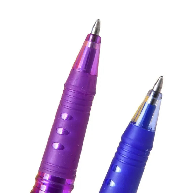 Set of heat-erasable gel pens in multiple colours with plastic bodies and stainless steel tips, showing 0.5mm and 0.7mm nib options.