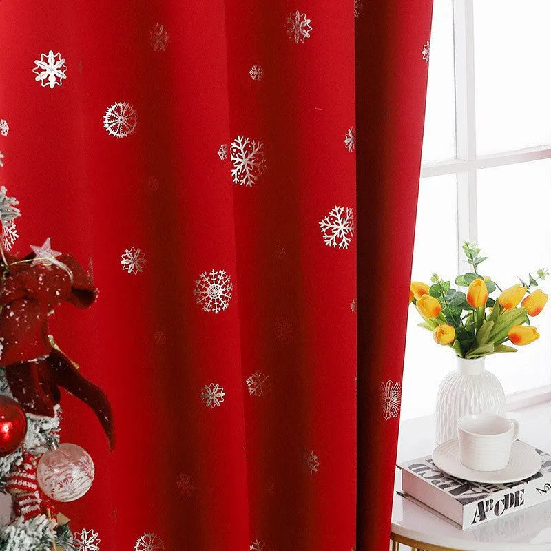 Snowflake pattern shade cloth curtain in red or green with lace loop or iron hoop hanging