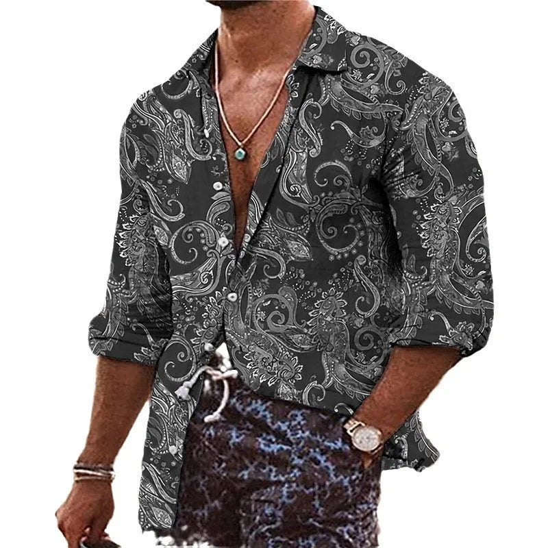 Men's loose fit shirt with 3D floral pattern printing, long sleeves, business casual styling