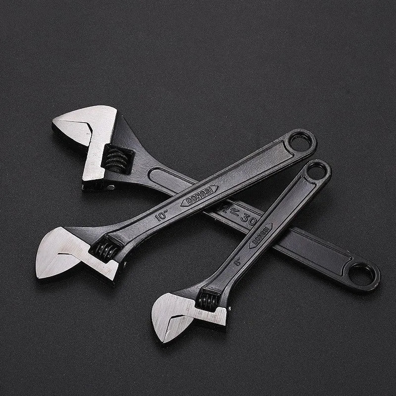 High carbon steel adjustable spanner tool with black finish showing open jaws and ergonomic handle