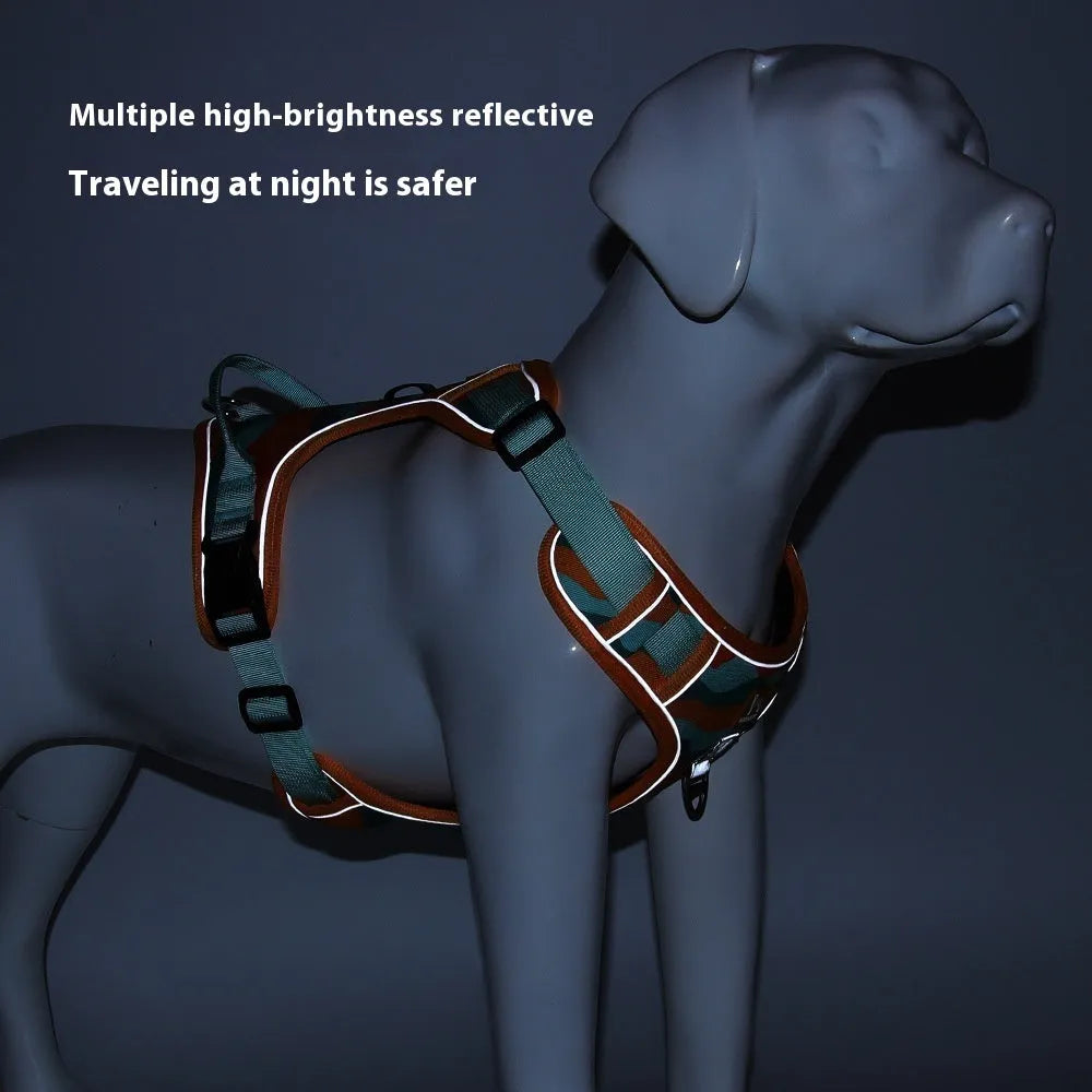 Reflective dog walking rope with chest harness in Oxford cloth, showing hand-holding loop and adjustable sizing