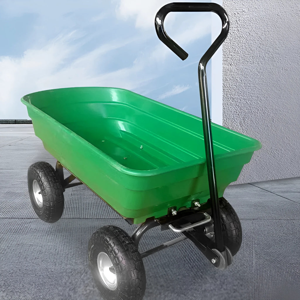 Green four-wheel plastic dump truck with steel frame and 940 mm length