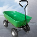 Green four-wheel plastic dump truck with steel frame and 940 mm length