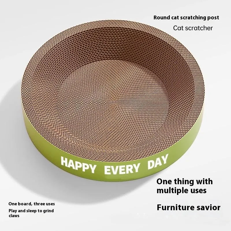 Green round cardboard cat scratching board with a central nest bed.
