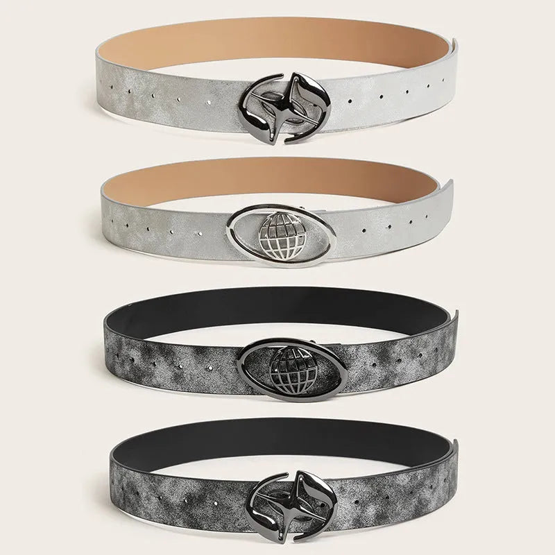 Retro women's thick belt with oval alloy buckle in Earth style grey white colour