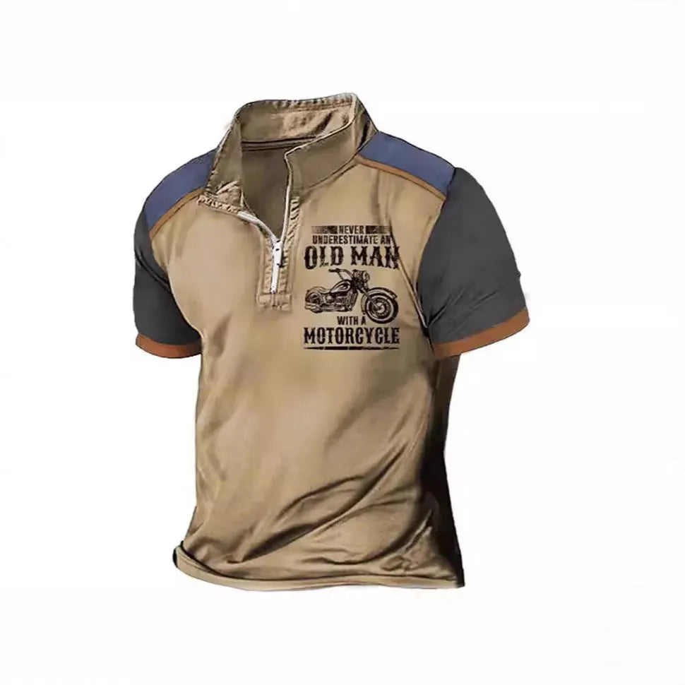 Men's casual polo shirt with lapel collar and black digital letter print on chest.