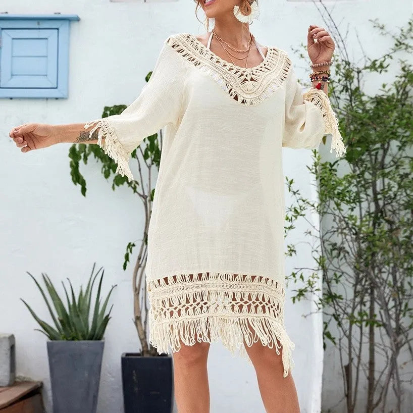 Apricot crocheted patchwork women's dress with half sleeves and a mid-length skirt.