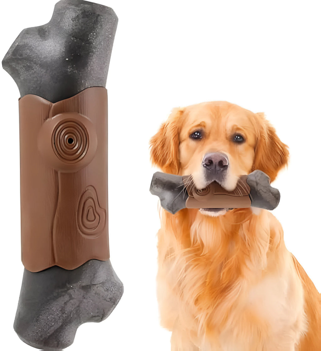 Large branch-shaped nylon dog chew toy with bacon flavour and built-in squeaker for aggressive chewers