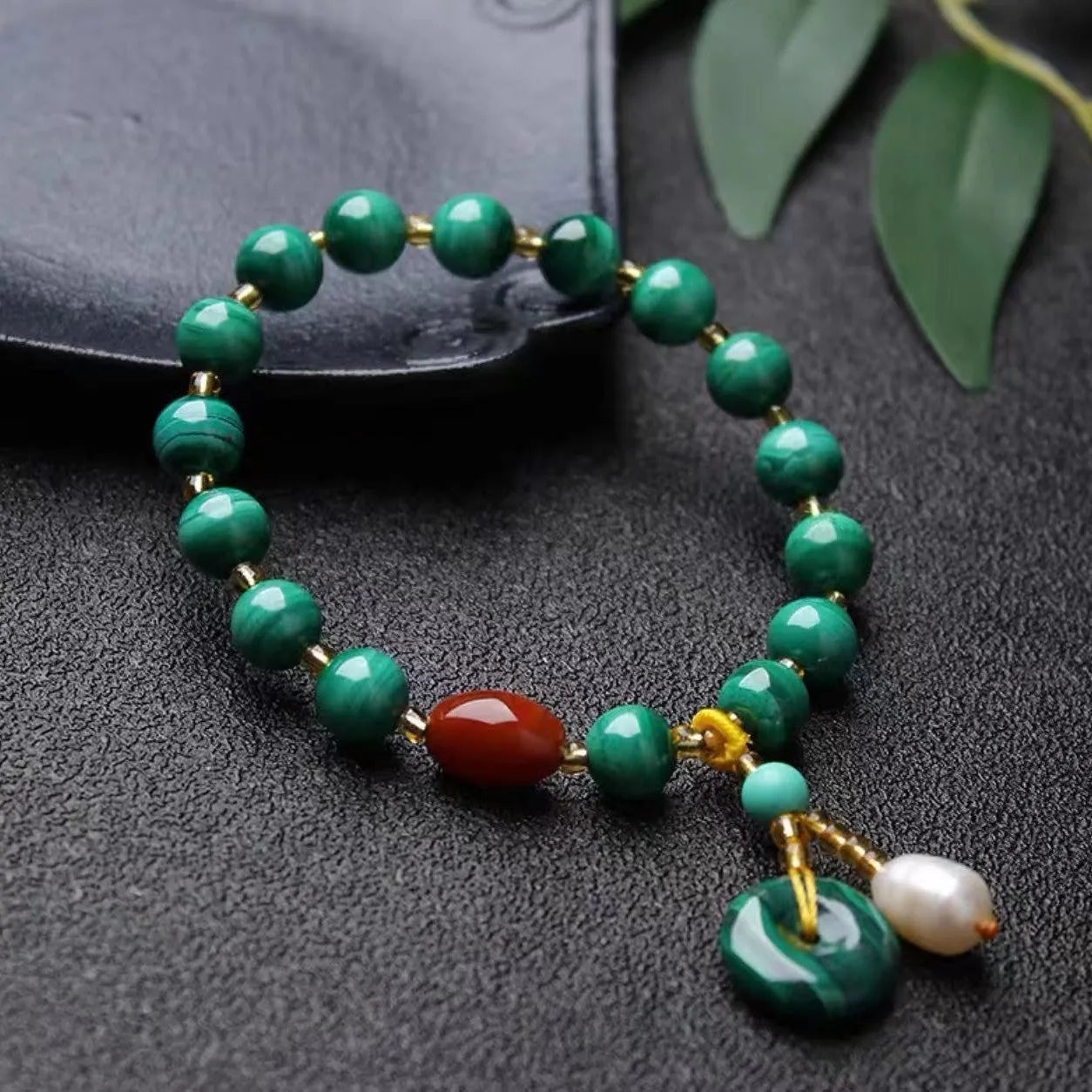 Natural green malachite and red agate barrel bead bracelet, handcrafted, approx 7-8mm beads