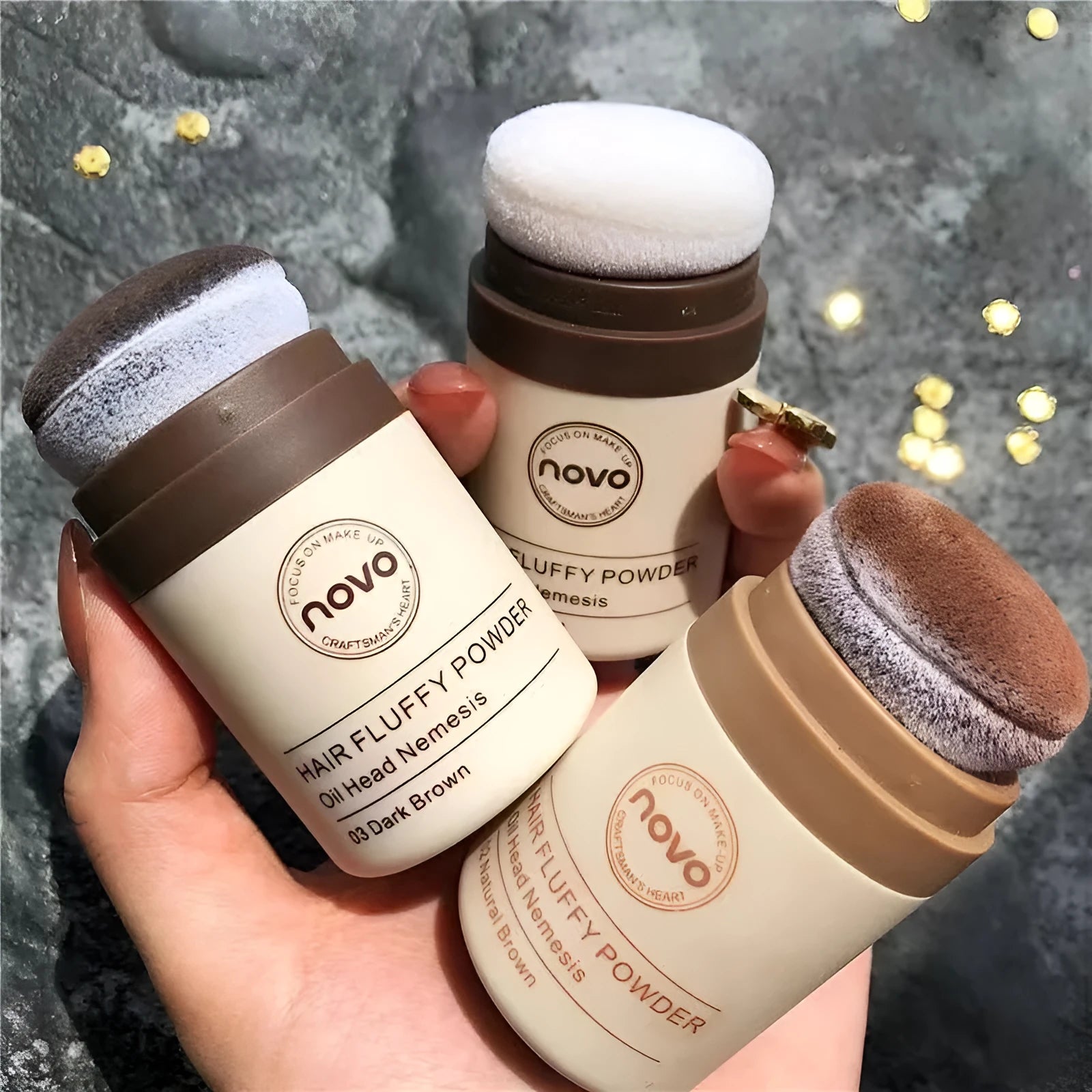 Compact of oil control face powder for bangs and hairline in natural, brown, or dark brown shades.