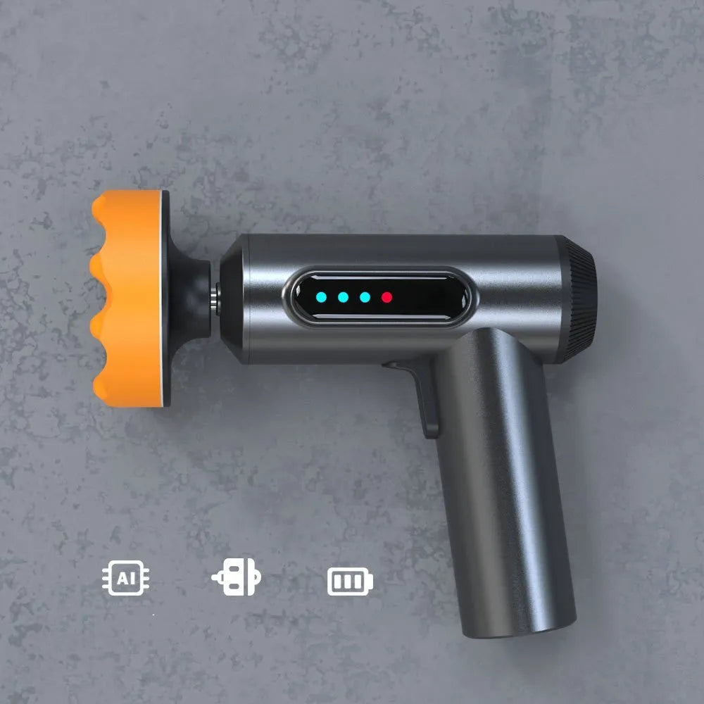 Cordless electric waxing and polishing machine with lithium battery on a workbench.