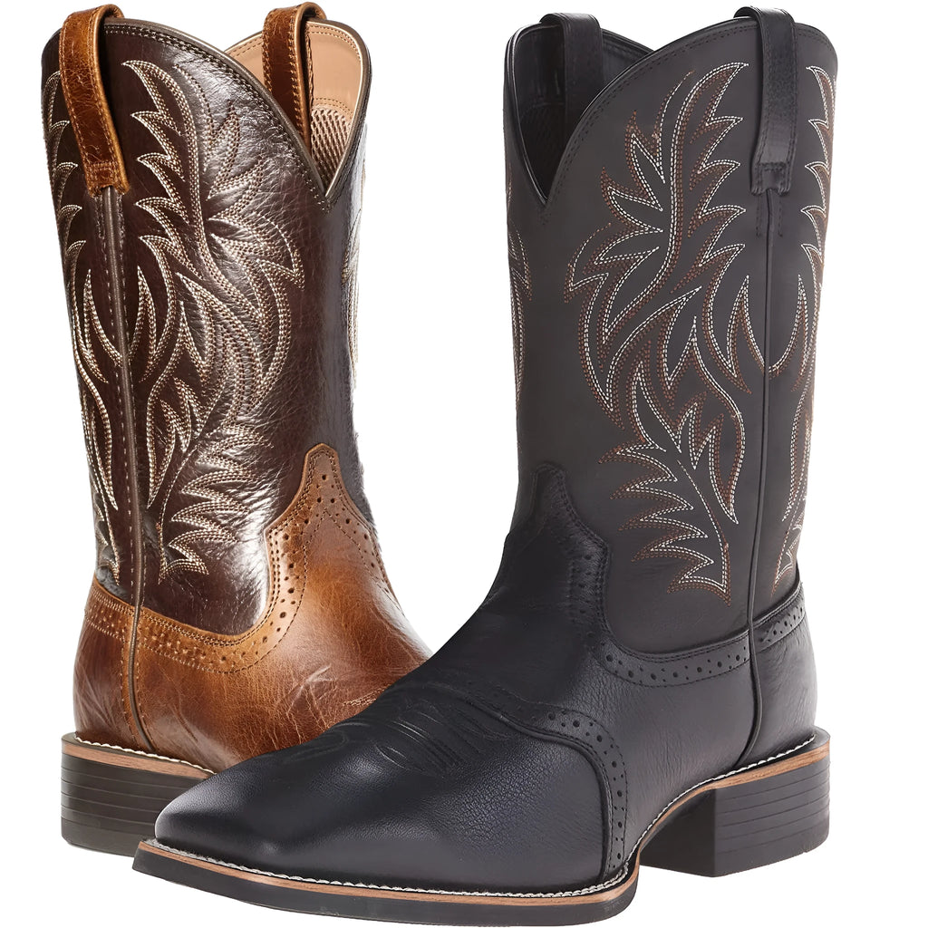 Men's brown cowboy boots with detailed embroidery on the high shaft and a square toe.