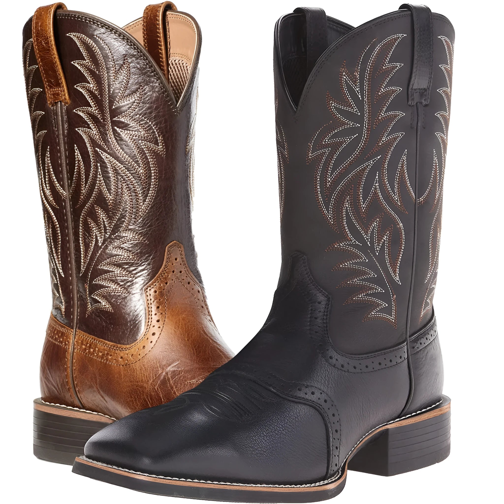 Men's brown cowboy boots with detailed embroidery on the high shaft and a square toe.