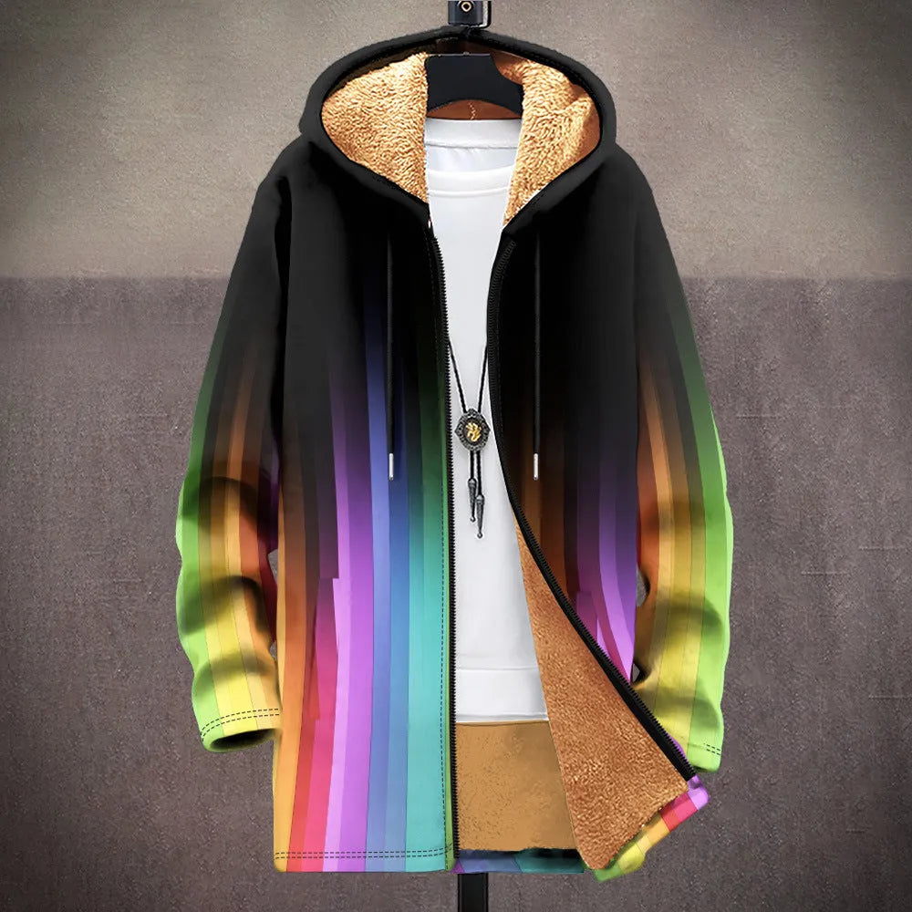 Man wearing a multicolour patterned zip-up hooded cardigan in a loose casual fit.