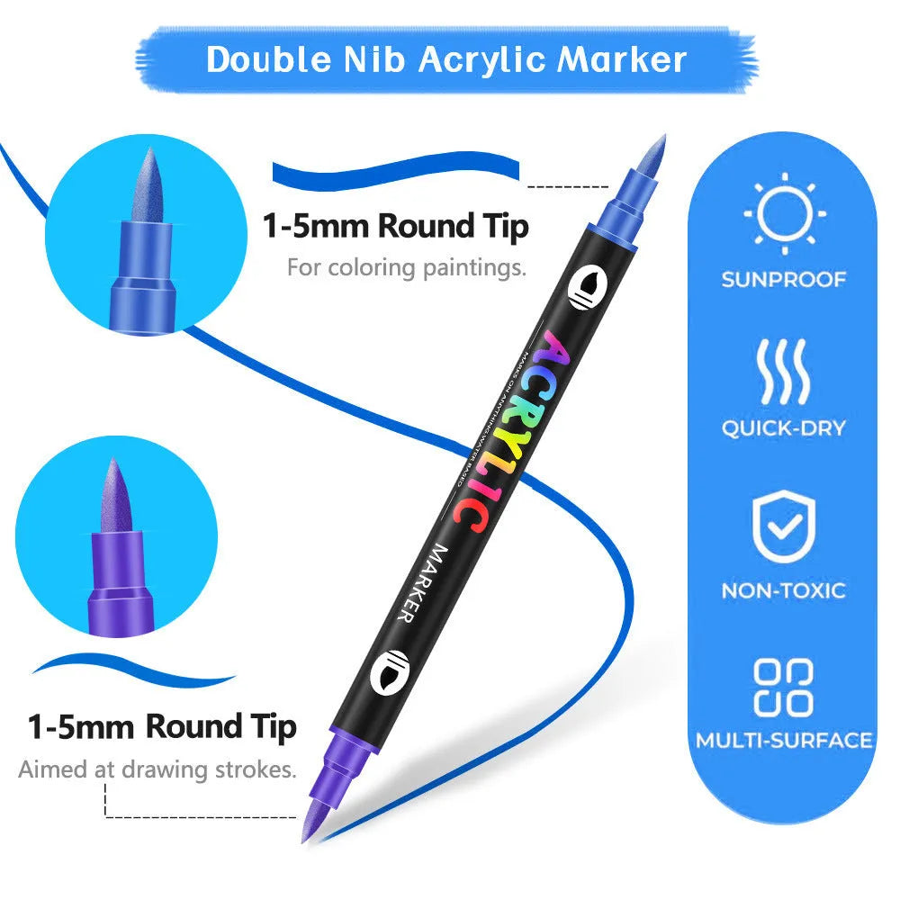 Set of double-headed acrylic marker pens with opaque, washable ink in assorted colours.