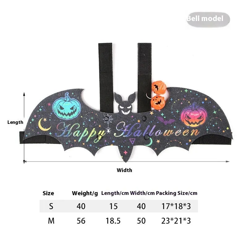 Halloween batwing costume for a cat in felt, shown in pumpkin bat colour on a feline.