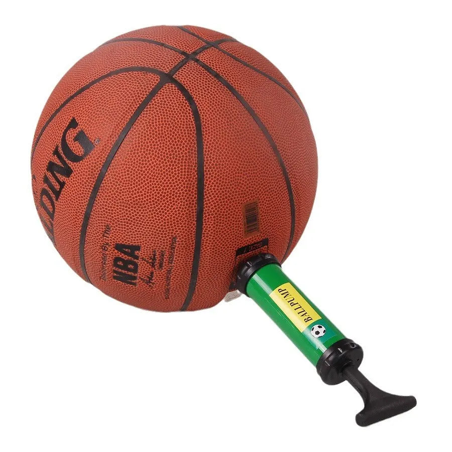 Manual high-pressure plastic pump for inflating sports balls and balloons in mixed colours.