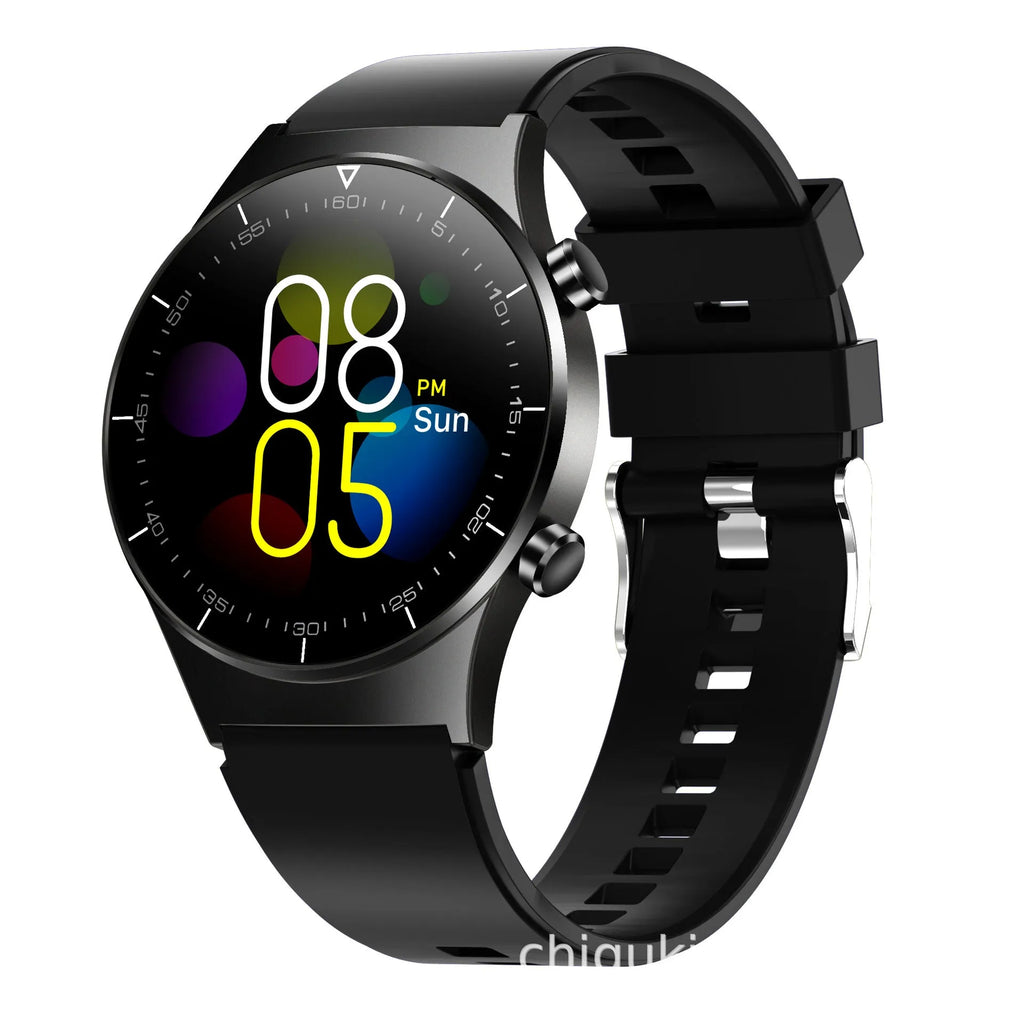 Black smartwatch with 1.3-inch glass touchscreen displaying heart rate and step count data on TPU wristband