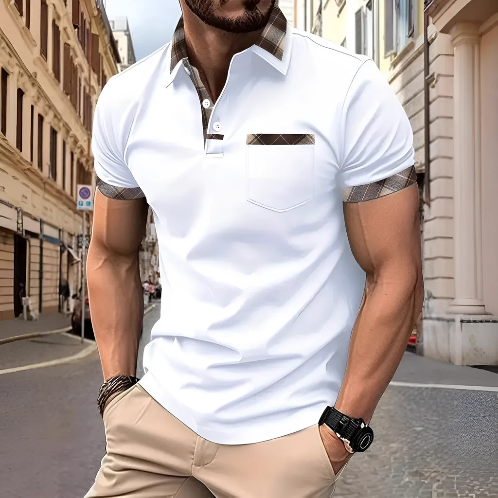 Men's loose fit short sleeve t-shirt with plaid colourblock design and zipper decorations