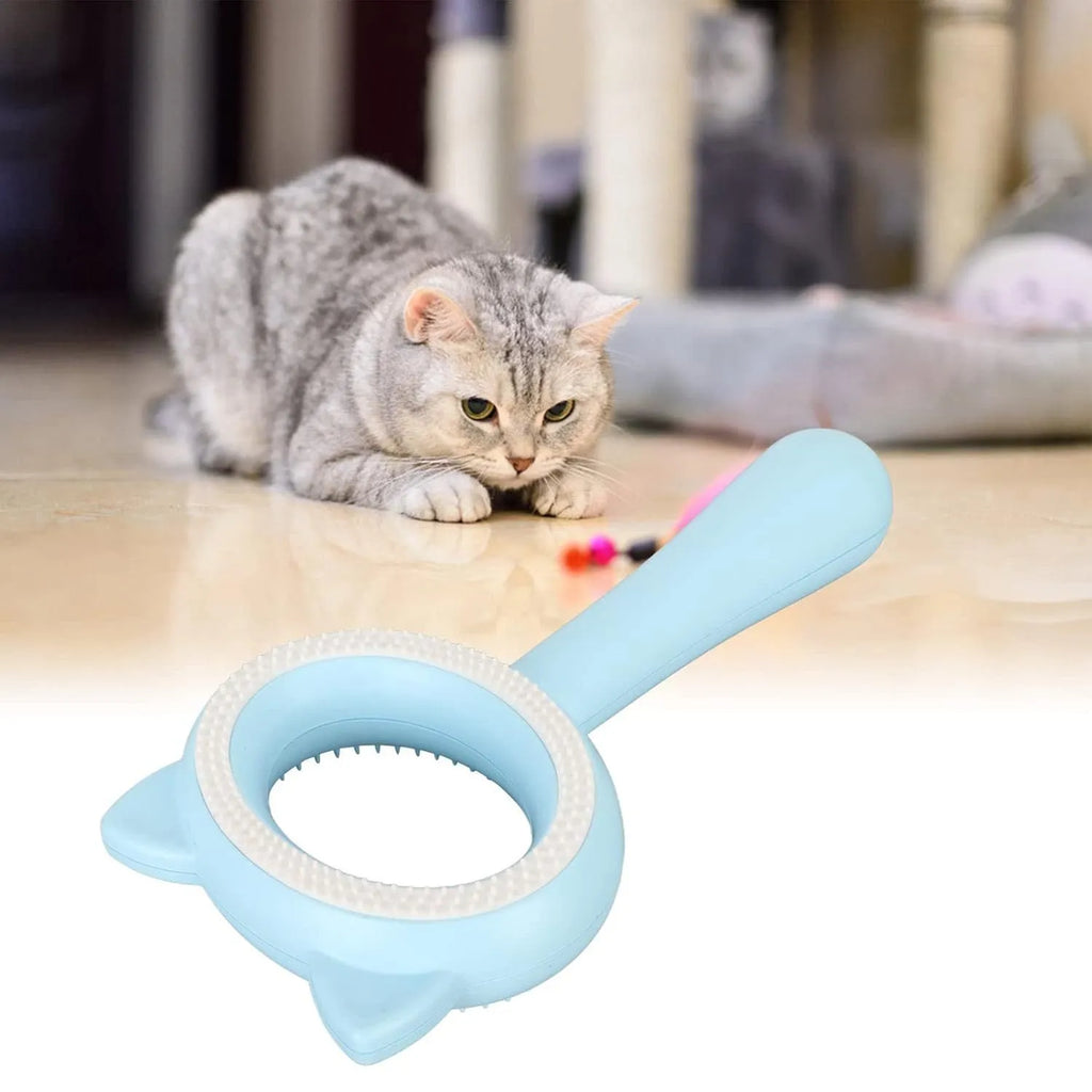 Blue and white double-sided pet grooming brush with deshedding comb and massage functions