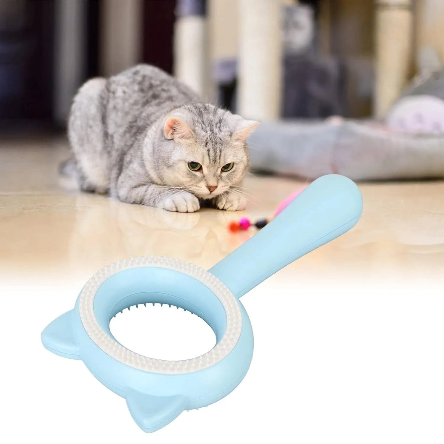 Blue and white double-sided pet grooming brush with deshedding comb and massage functions