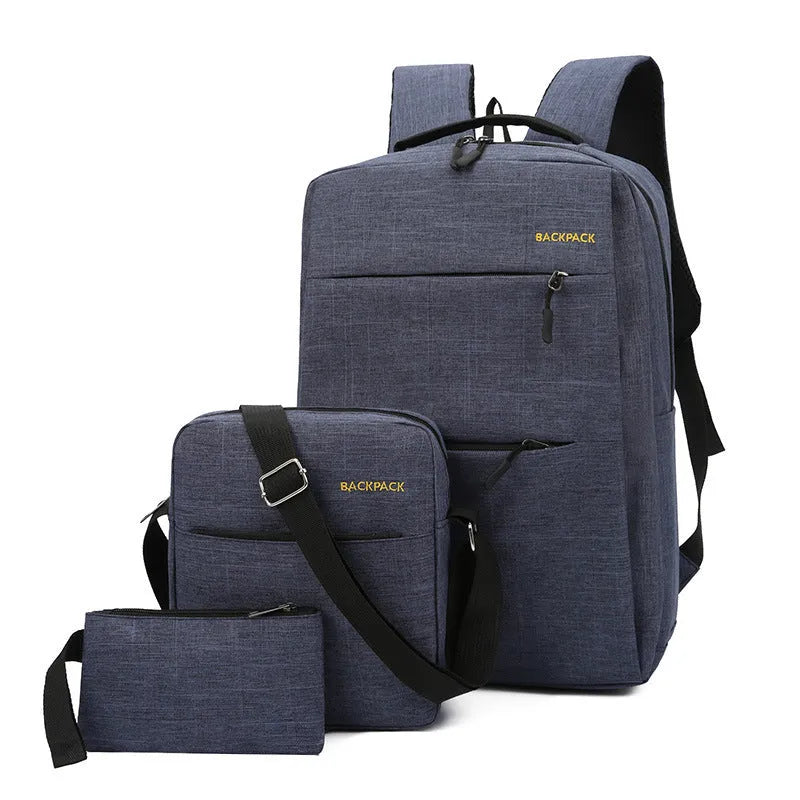Three square men's nylon computer bags in different colours, showing internal organiser compartments and a USB charging port.